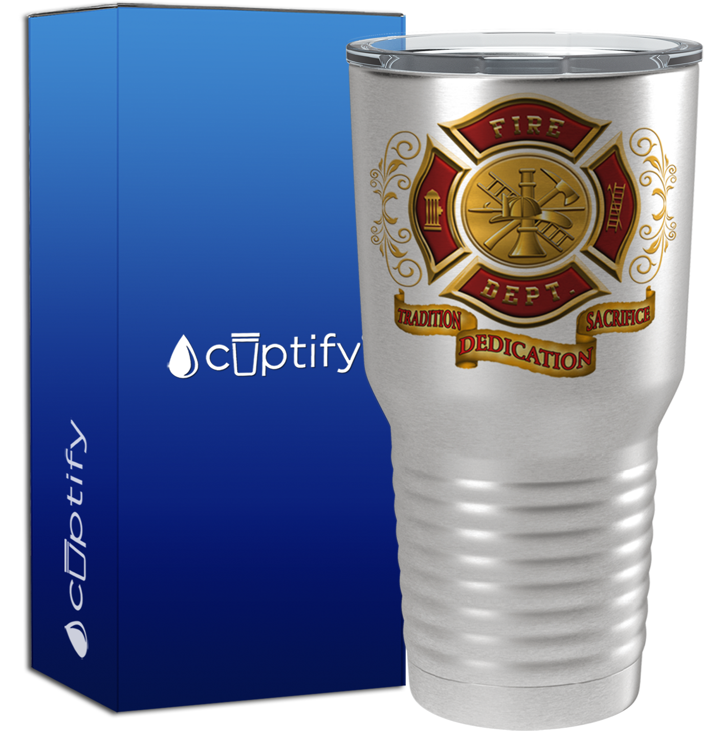Red and Gold Fire Department Badge on Stainless 30oz Firefighter Tumbler