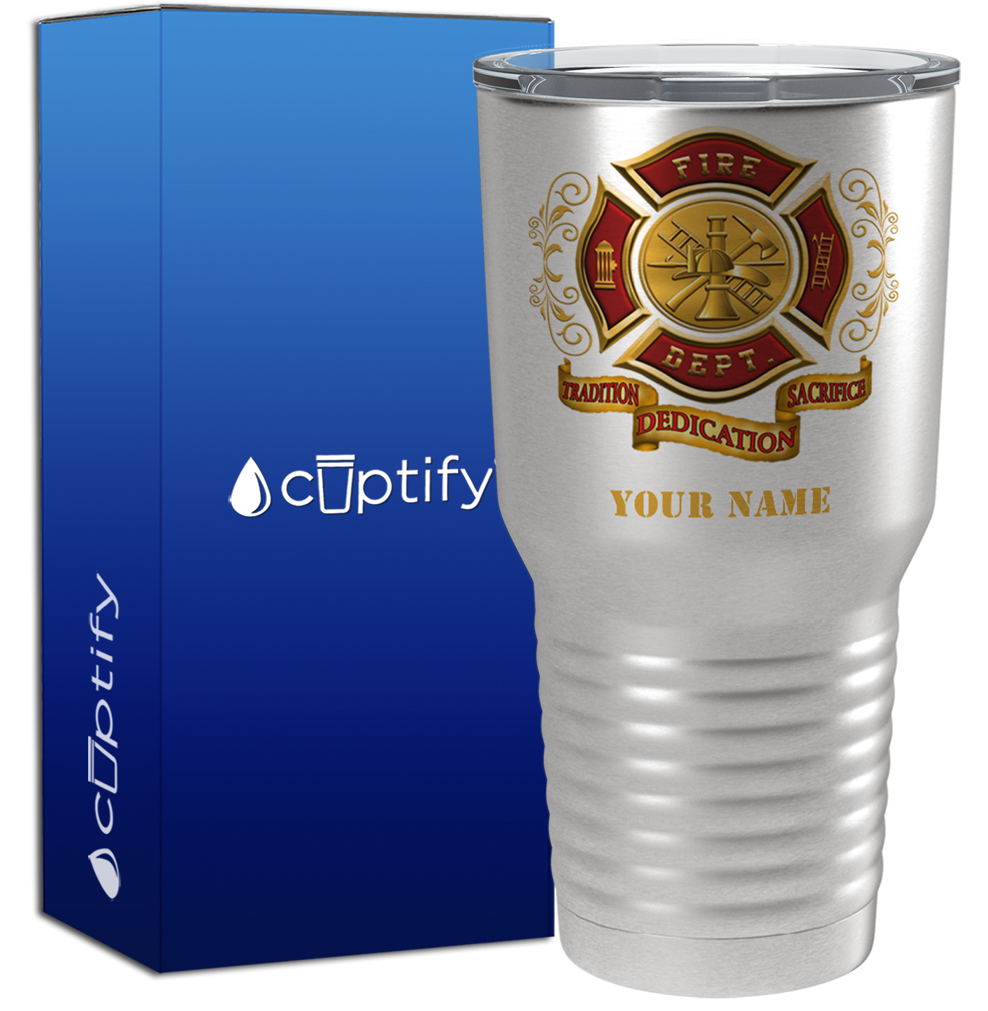 Personalized Red Gold Fire Department Badge on Stainless 30oz Firefighter Tumbler