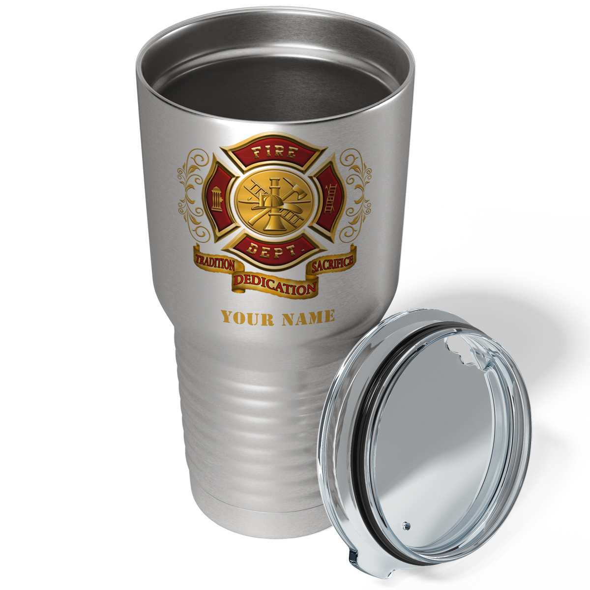 Personalized Red Gold Fire Department Badge on Stainless 30oz Firefighter Tumbler