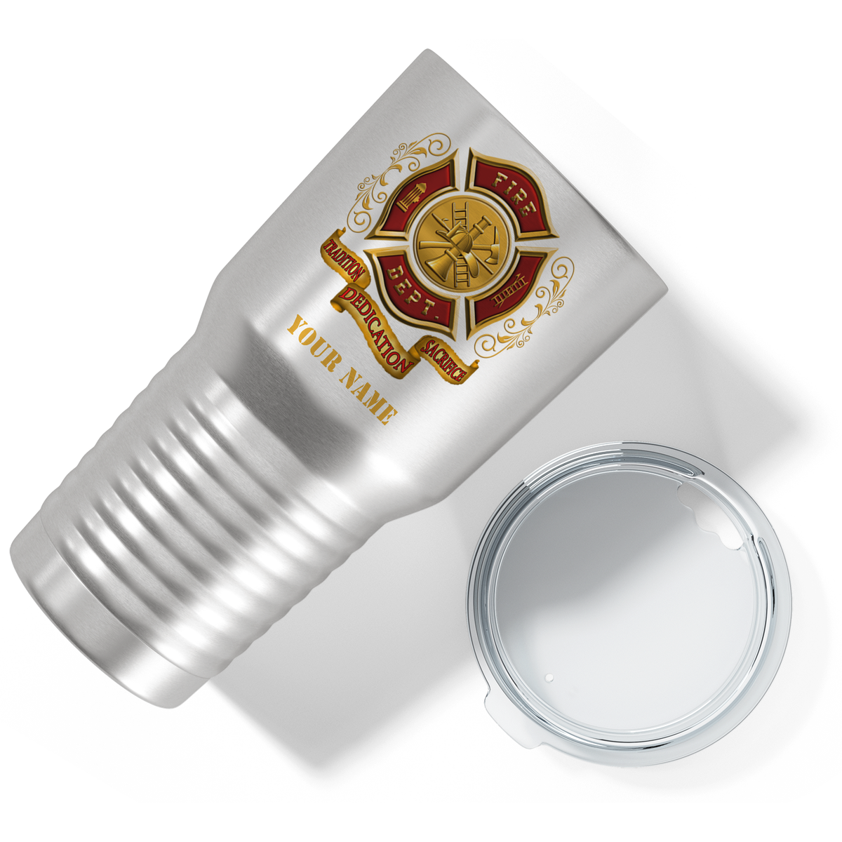 Personalized Red Gold Fire Department Badge on Stainless 30oz Firefighter Tumbler