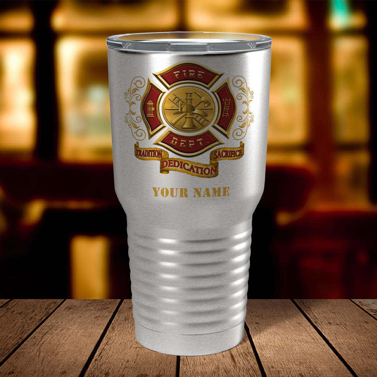 Personalized Red Gold Fire Department Badge on Stainless 30oz Firefighter Tumbler