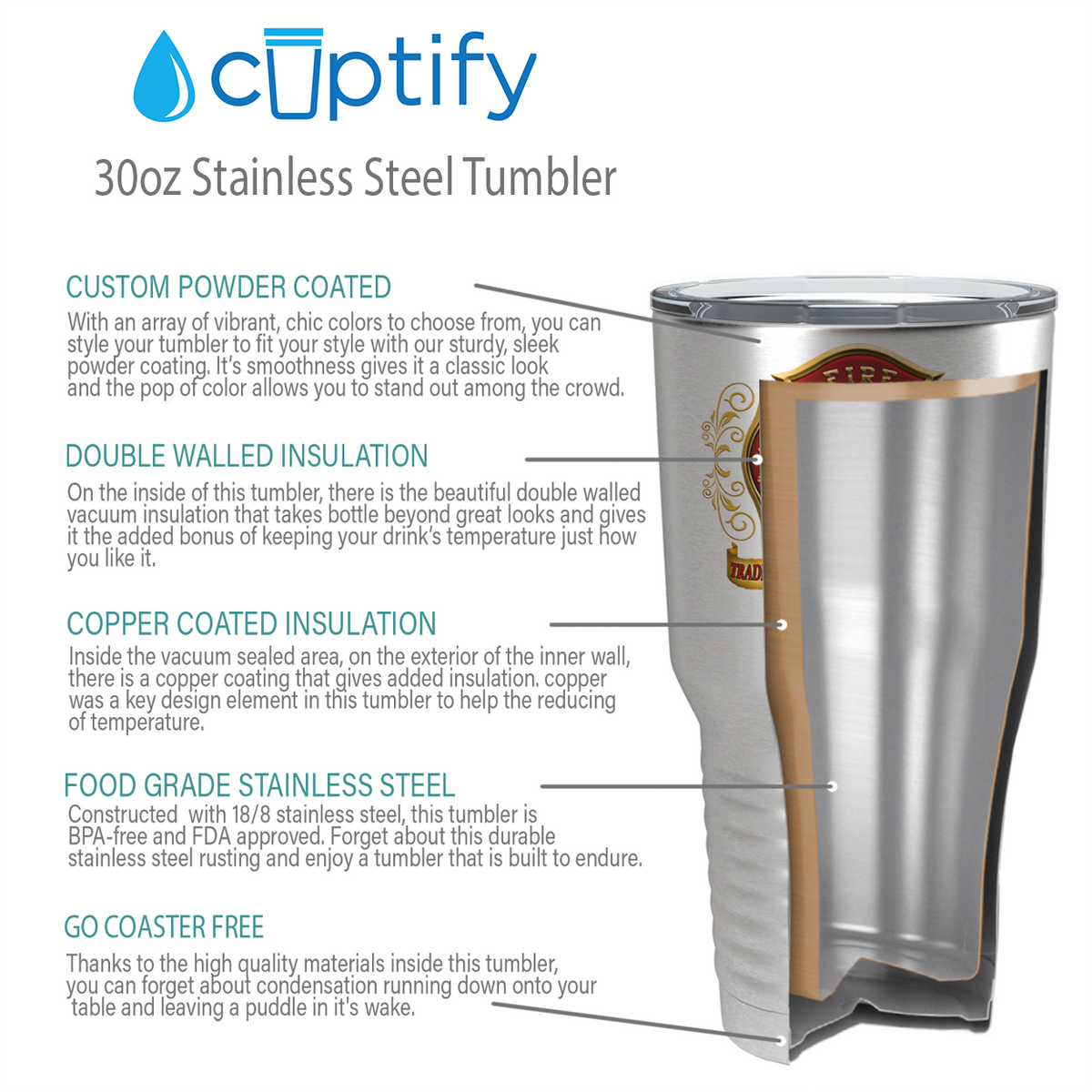 Personalized Red Gold Fire Department Badge on Stainless 30oz Firefighter Tumbler