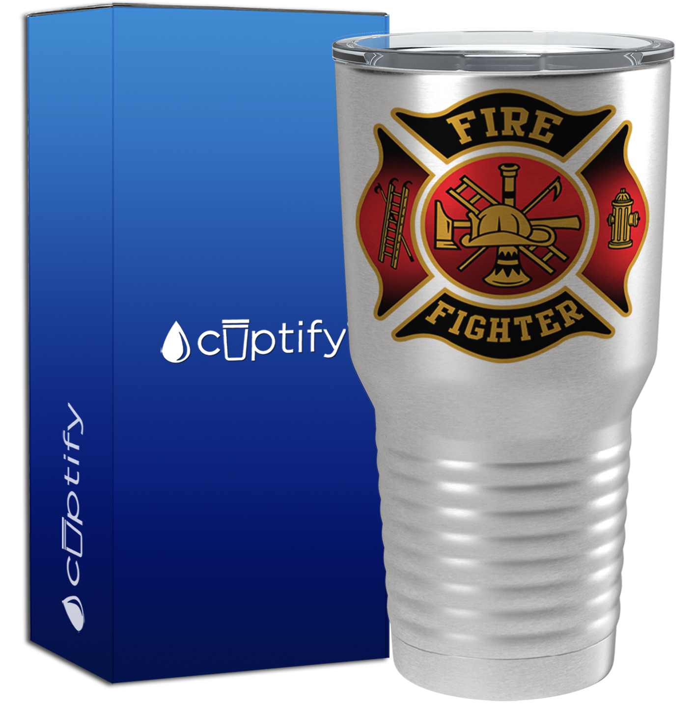 Red and Black Fire Department Badge on Stainless 30oz Firefighter Tumbler