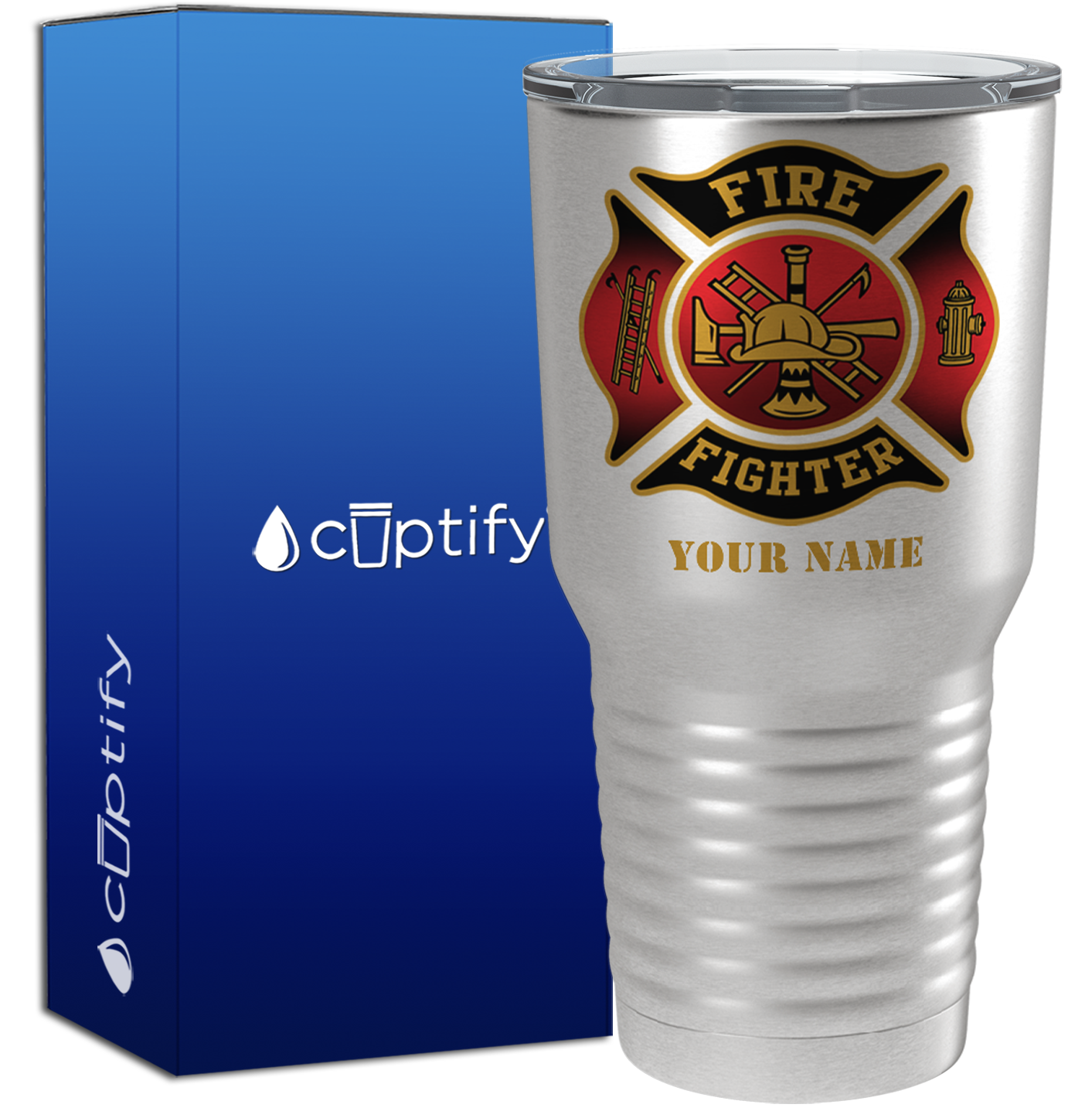Personalized Black Red Fire Department Badge on Stainless 30oz Firefighter Tumbler