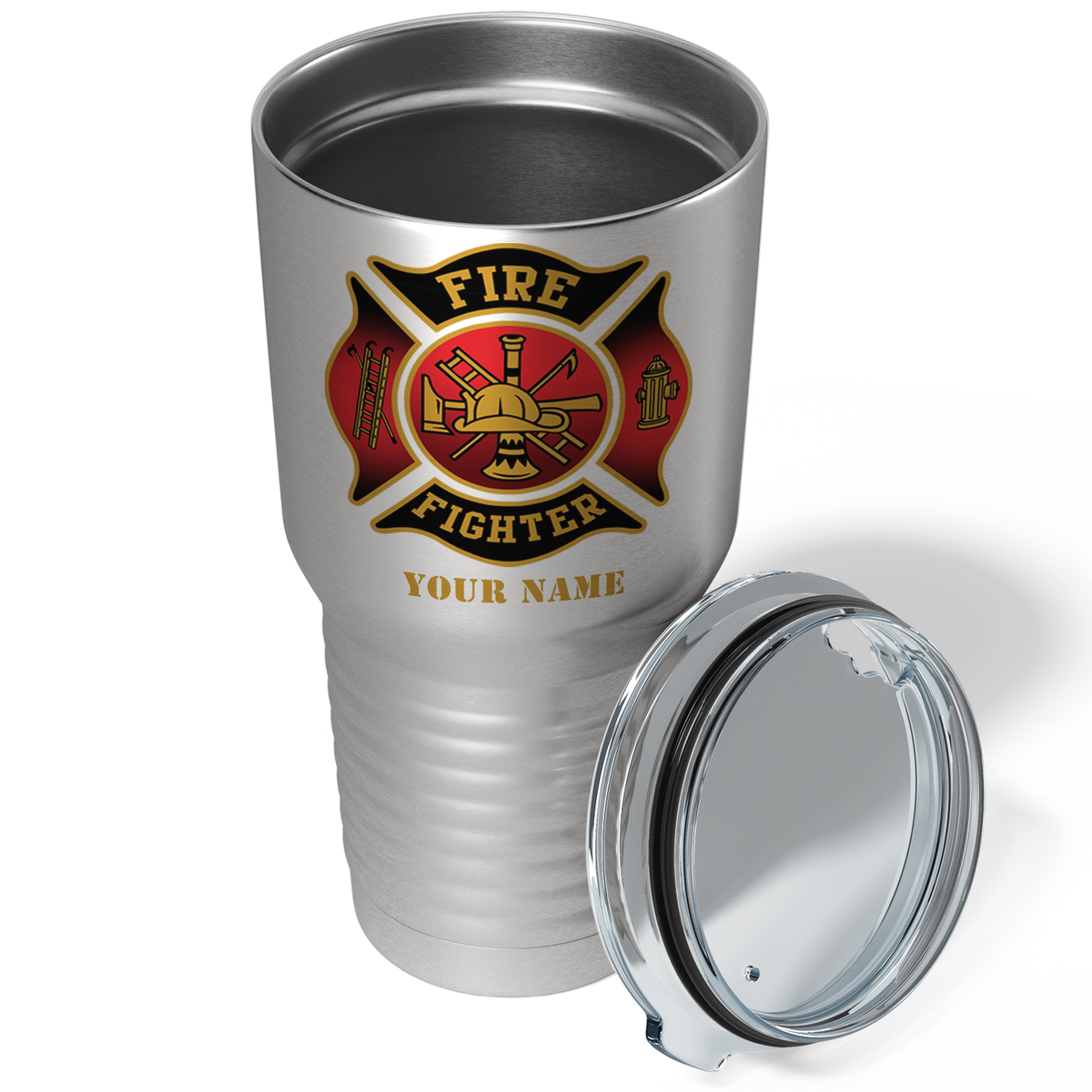 Personalized Black Red Fire Department Badge on Stainless 30oz Firefighter Tumbler