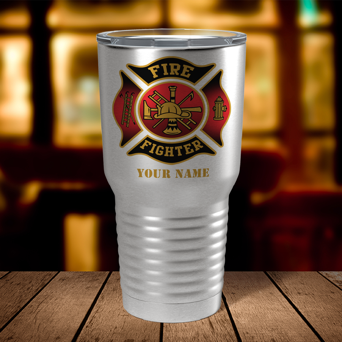 Personalized Black Red Fire Department Badge on Stainless 30oz Firefighter Tumbler