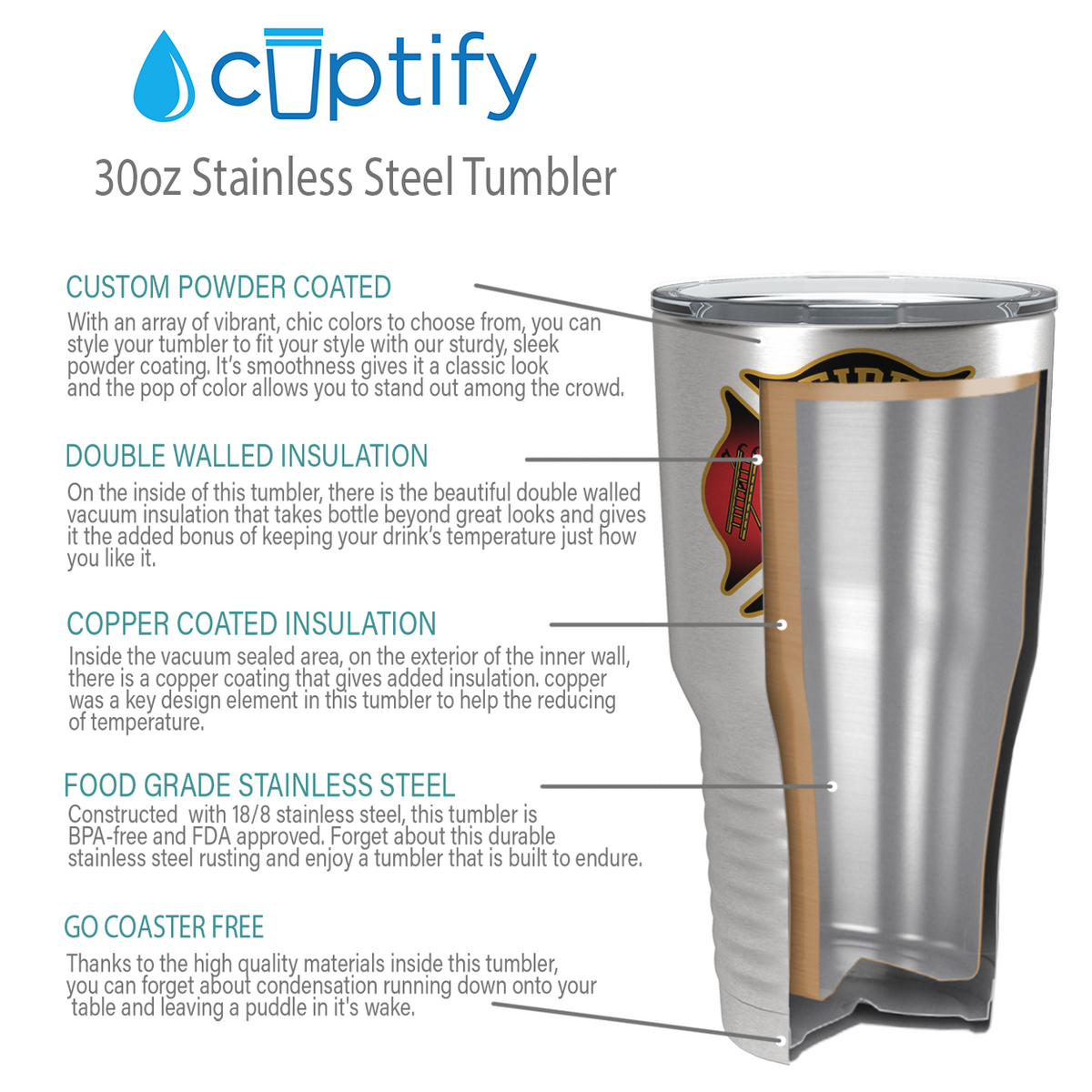 Personalized Black Red Fire Department Badge on Stainless 30oz Firefighter Tumbler