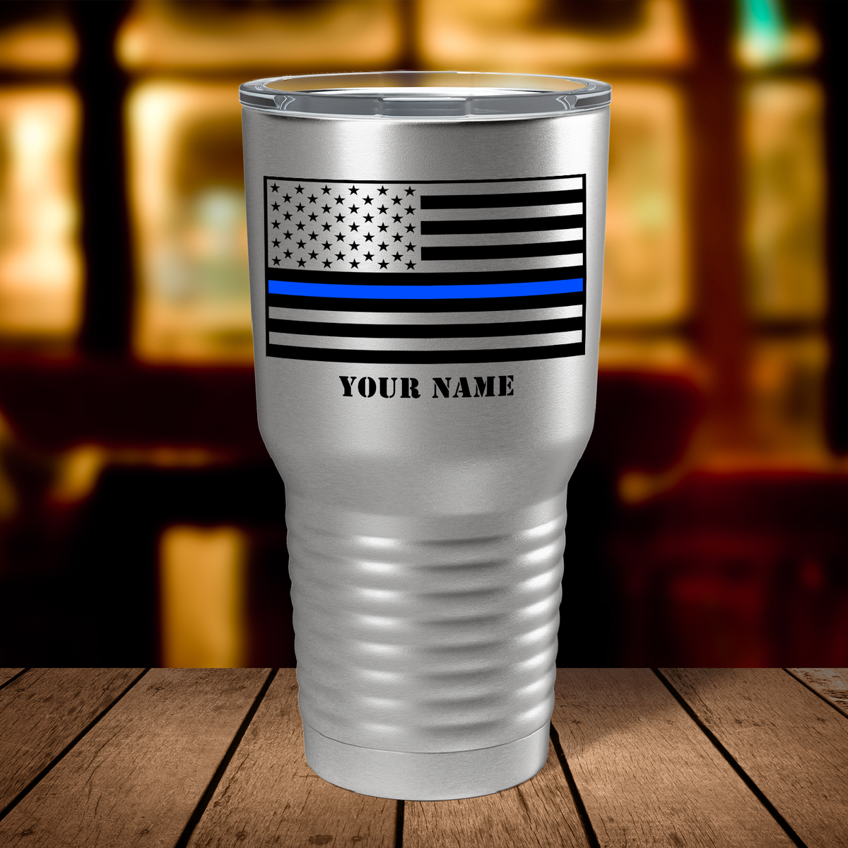 Personalized Thin Blue Line Flag on Stainless 30oz Police Tumbler