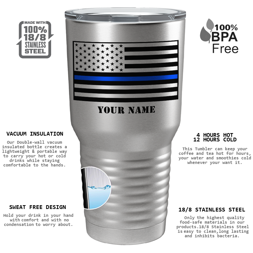 Personalized Thin Blue Line Flag on Stainless 30oz Police Tumbler