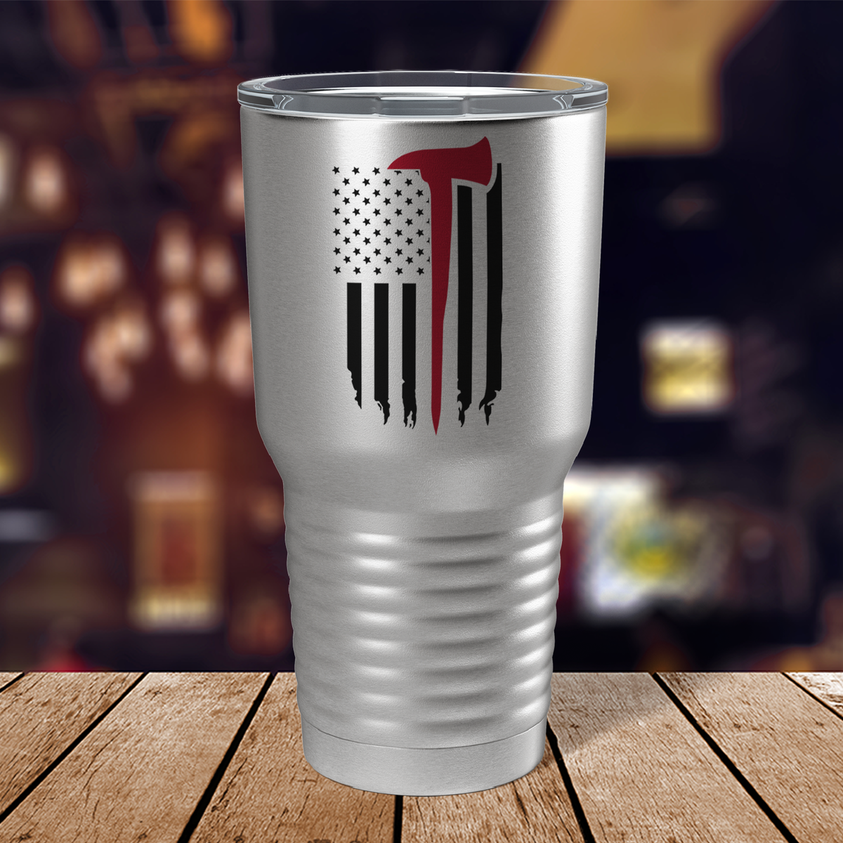 Fireman Axe Thin Red Line Flag on Stainless 30oz Firefighter Tumbler