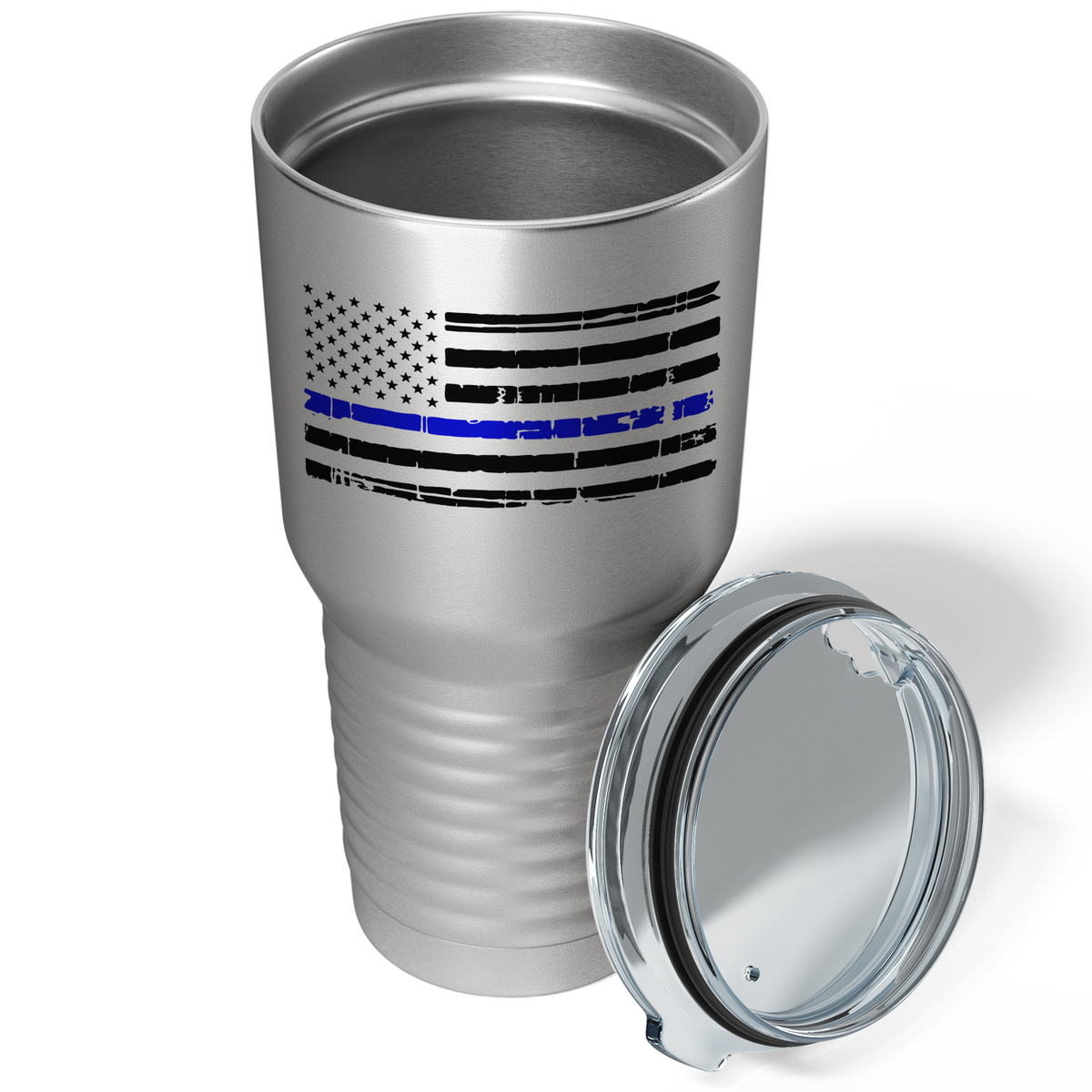 Distressed Thin Blue Line Flag on Stainless 30oz Police Tumbler