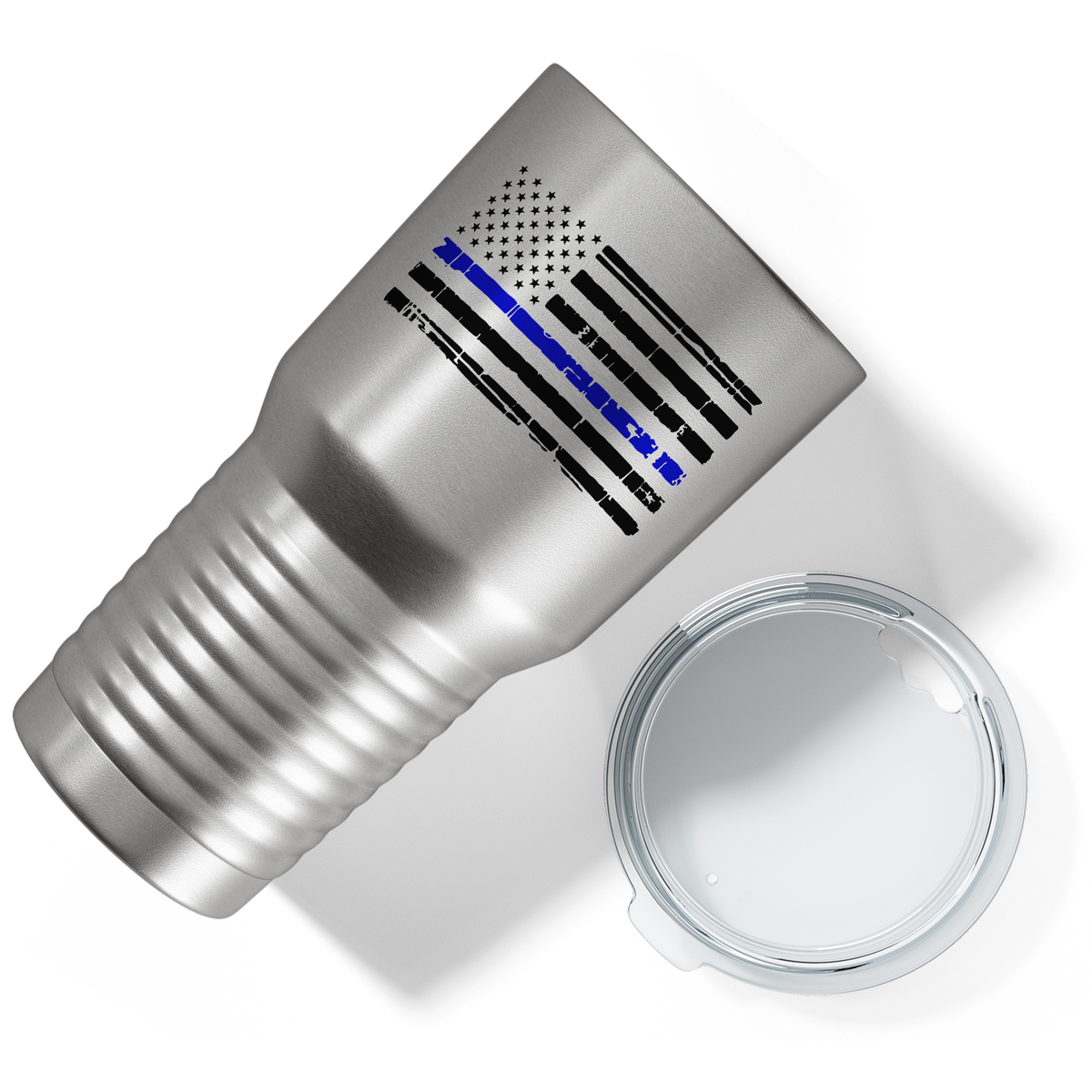 Distressed Thin Blue Line Flag on Stainless 30oz Police Tumbler