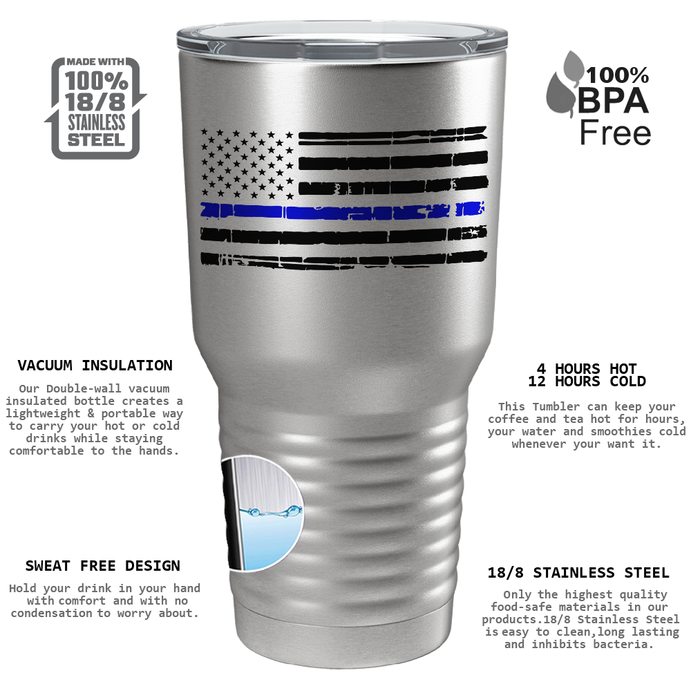 Distressed Thin Blue Line Flag on Stainless 30oz Police Tumbler