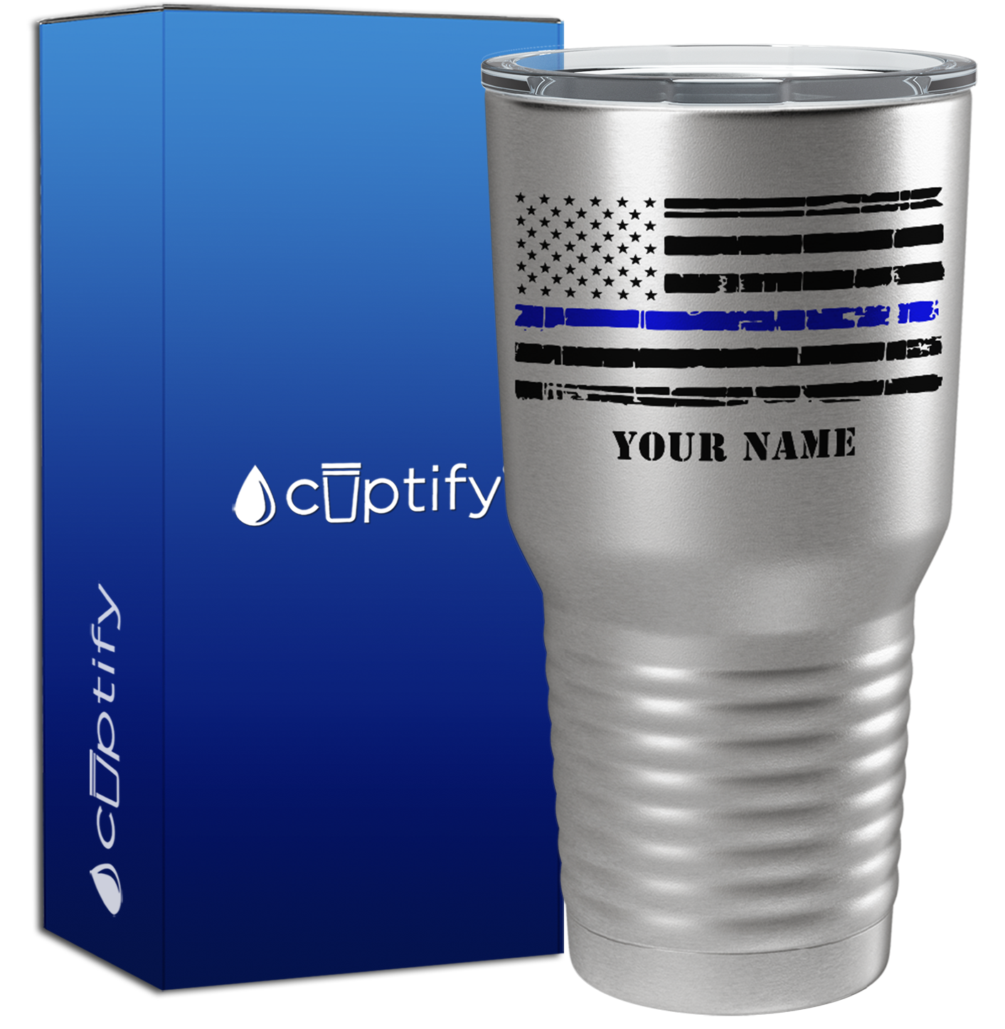 Personalized Distressed Thin Blue Line Flag on Stainless 30oz Police Tumbler