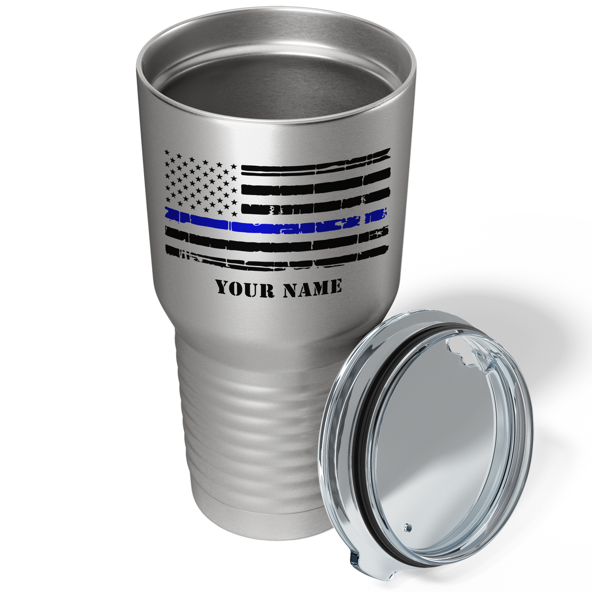 Personalized Distressed Thin Blue Line Flag on Stainless 30oz Police Tumbler