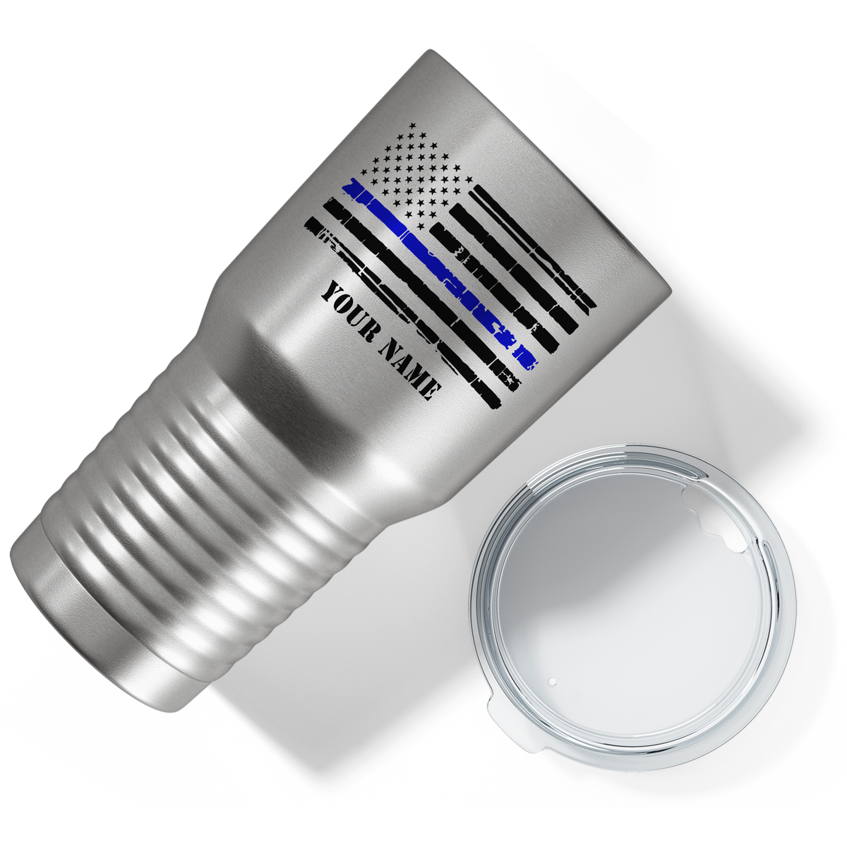 Personalized Distressed Thin Blue Line Flag on Stainless 30oz Police Tumbler