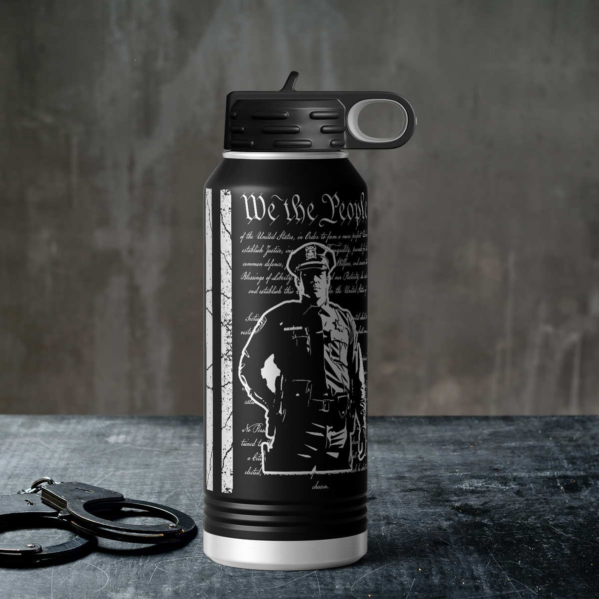 We the People Police on Distressed Flag 32oz Sport Water Bottle
