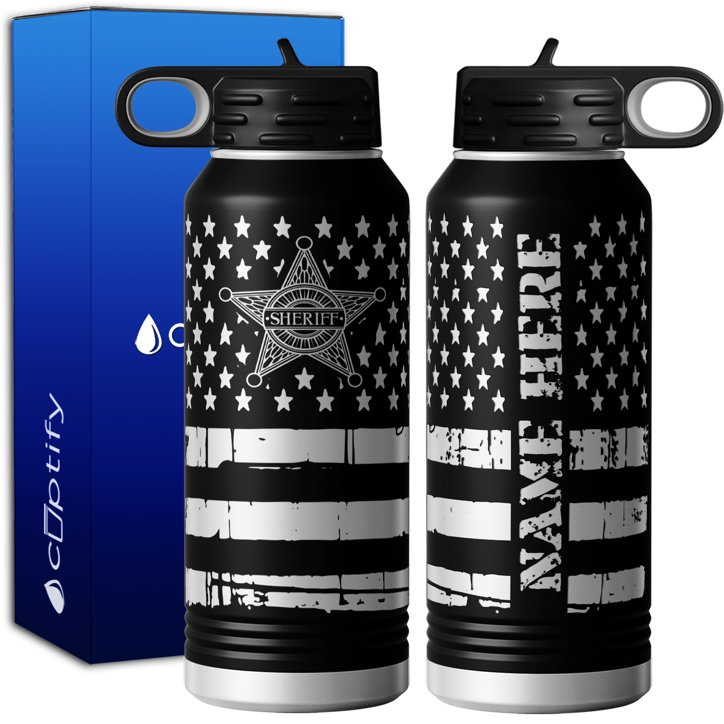 Personalized Sheriff Badge on Distressed Flag 32oz Sport Water Bottle