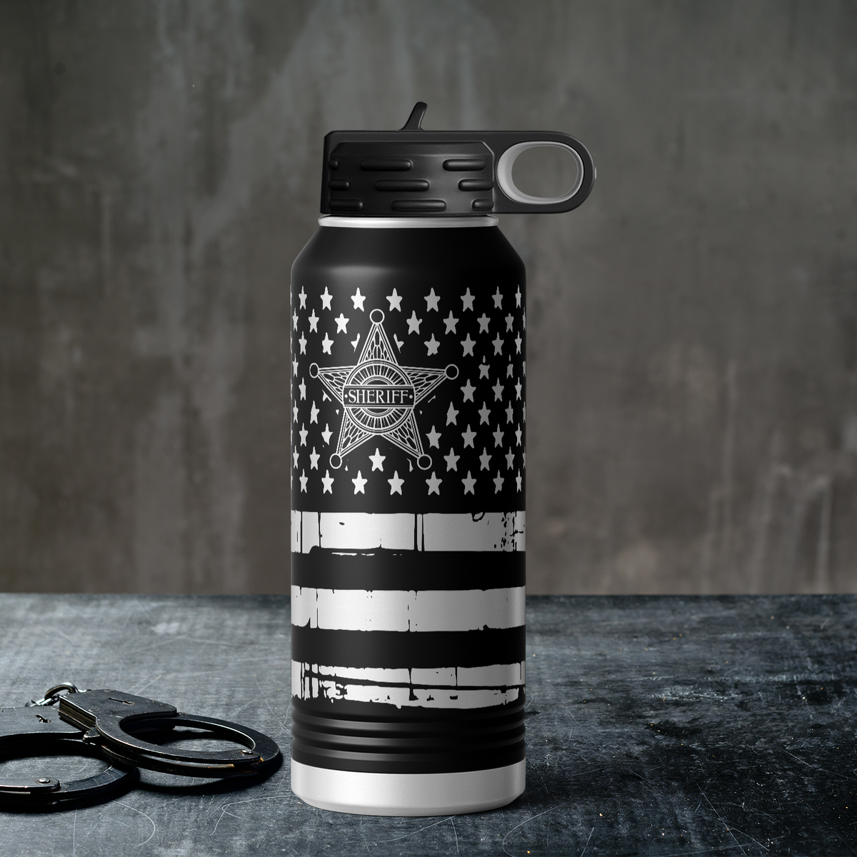 Personalized Sheriff Badge on Distressed Flag 32oz Sport Water Bottle