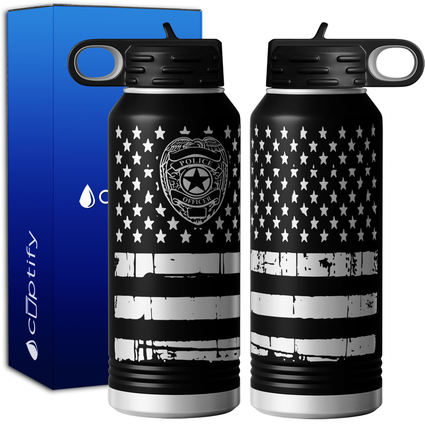 Police Officer Badge on Distressed Flag 32oz Sport Water Bottle