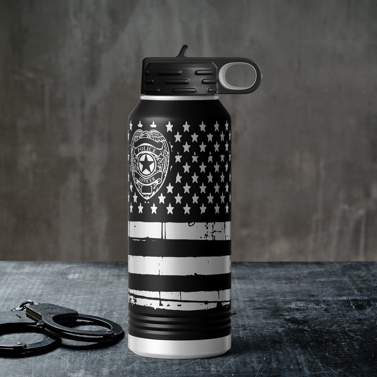 Police Officer Badge on Distressed Flag 32oz Sport Water Bottle