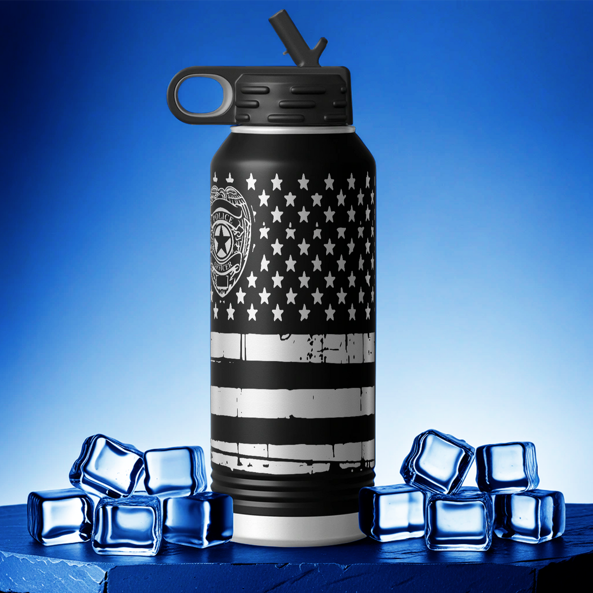 Police Officer Badge on Distressed Flag 32oz Sport Water Bottle