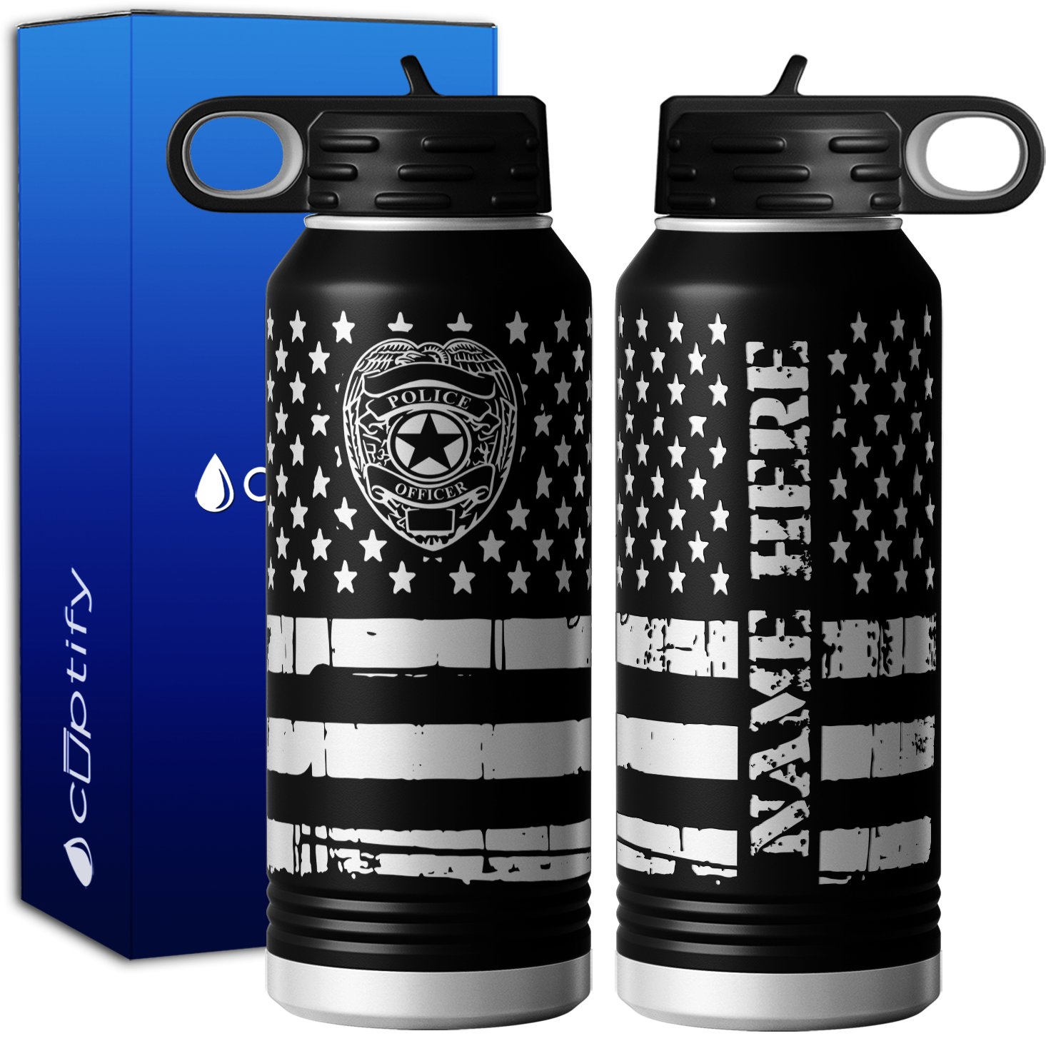 Personalized Police Officer Badge on Distressed Flag 32oz Sport Water Bottle