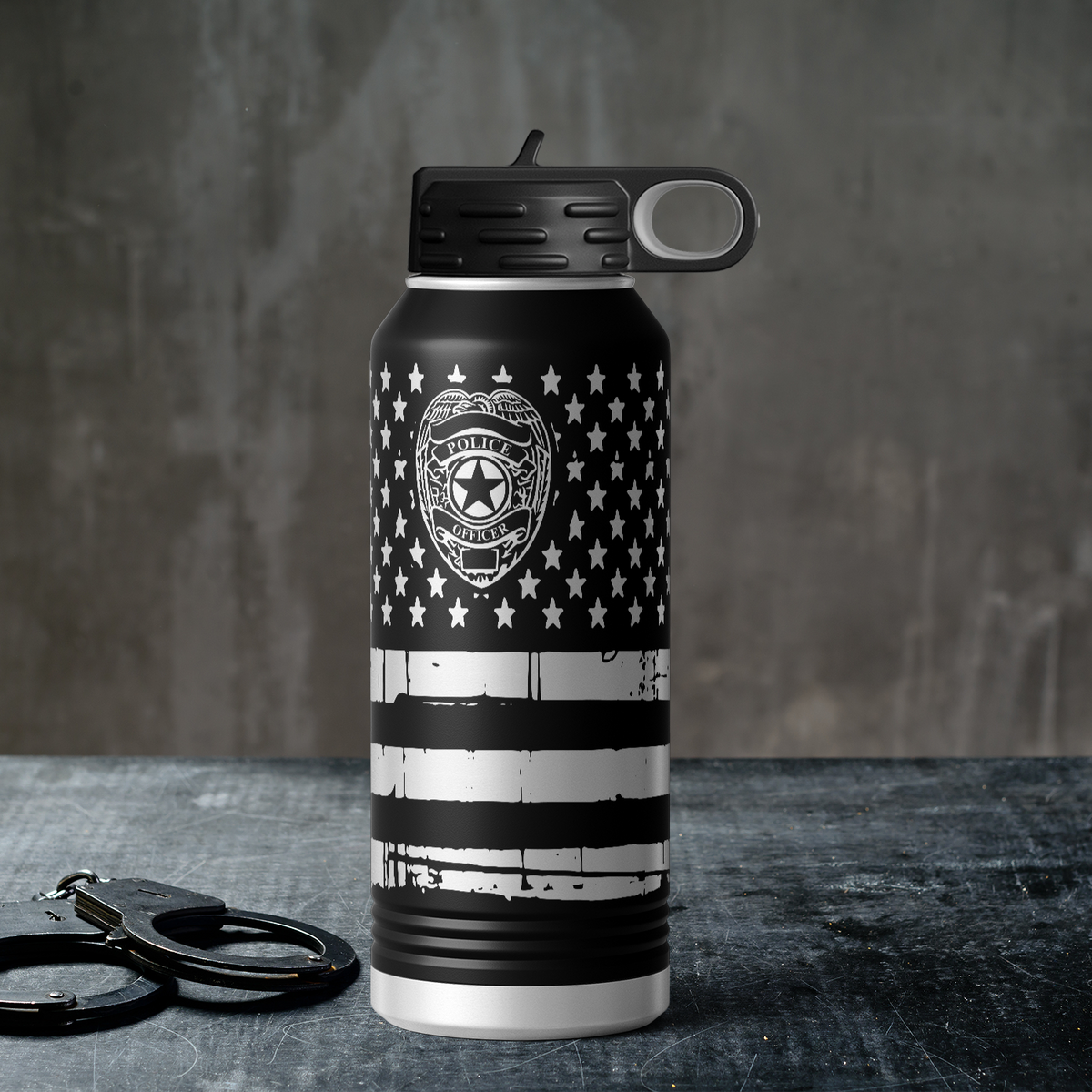 Personalized Police Officer Badge on Distressed Flag 32oz Sport Water Bottle