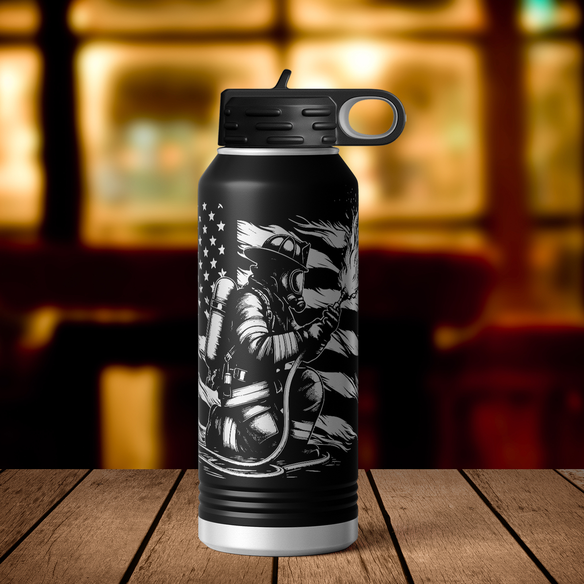 Firefigther on Distressed Flag 32oz Sport Water Bottle