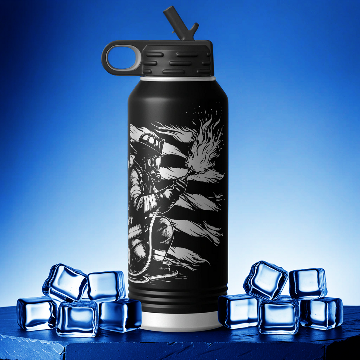 Firefigther on Distressed Flag 32oz Sport Water Bottle
