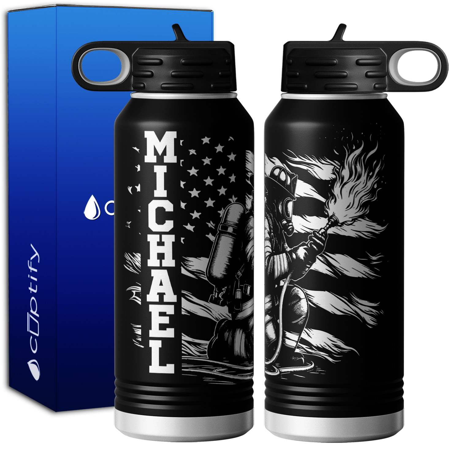 Personalized Firefigther on Distressed Flag 32oz Sport Water Bottle