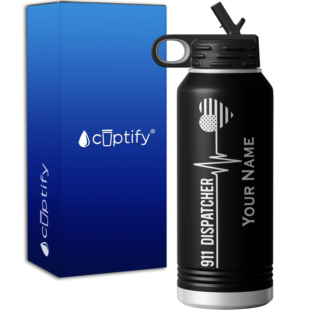 Personalized 911 Dispatcher American Heart 32oz Sport Water Bottle