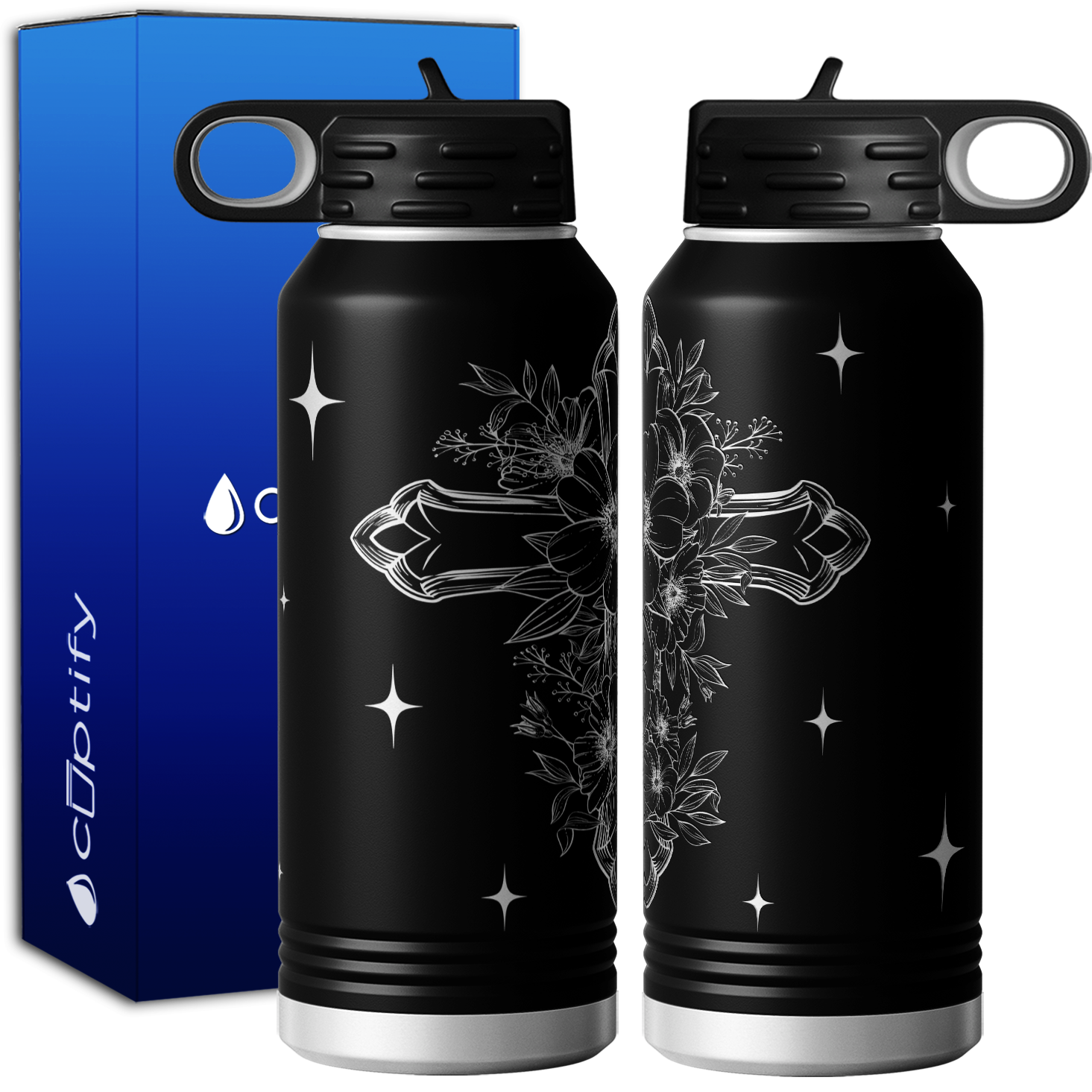 Cross with Flowers 32oz Sport Water Bottle