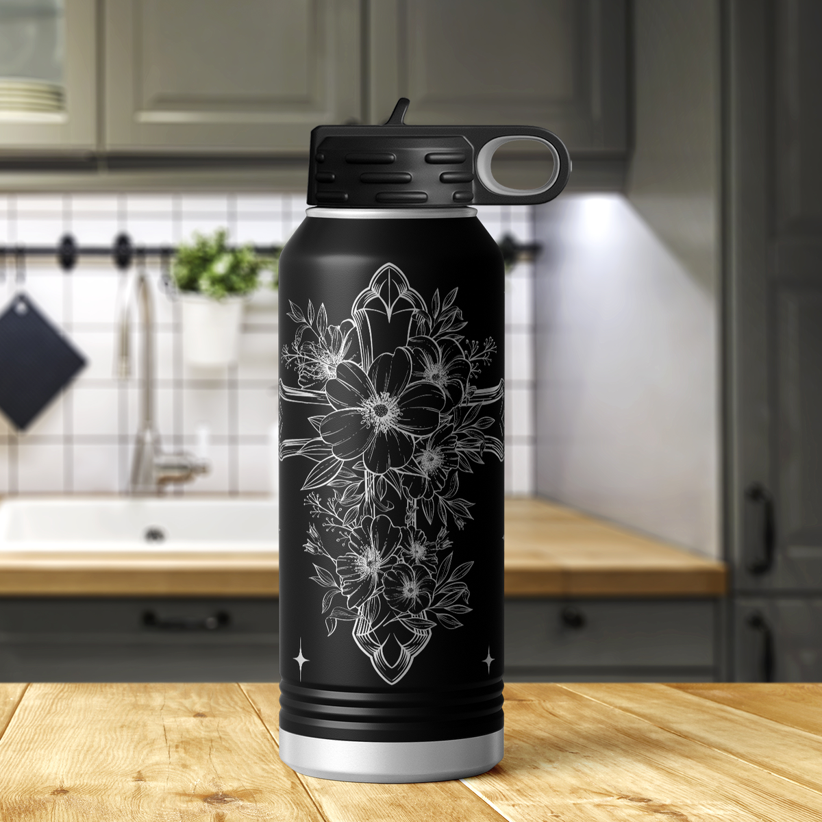 Cross with Flowers 32oz Sport Water Bottle