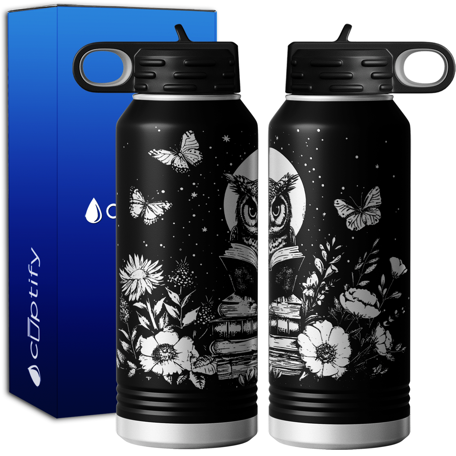 Owl Book with Butterfly and Florals 32oz Sport Water Bottle