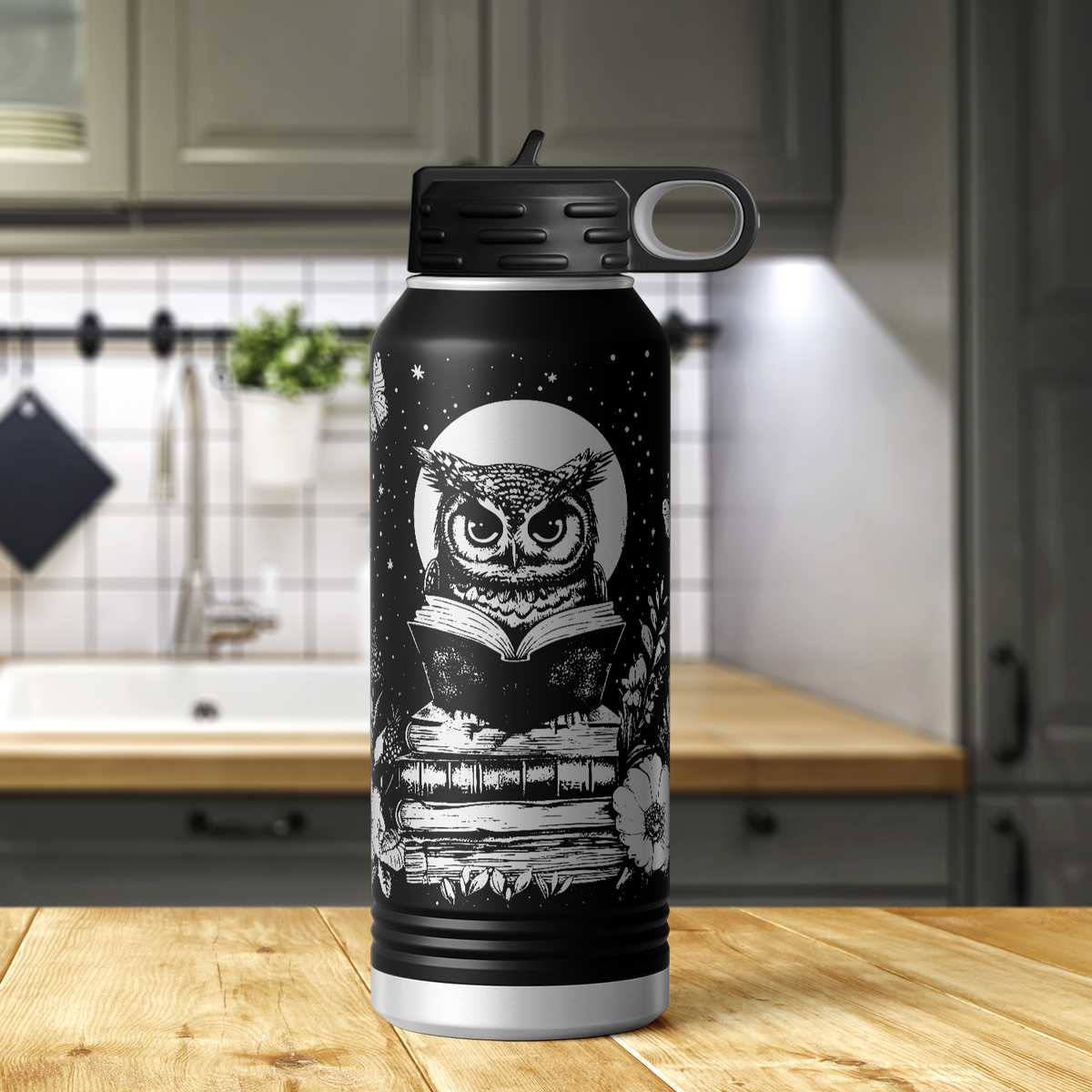 Owl Book with Butterfly and Florals 32oz Sport Water Bottle