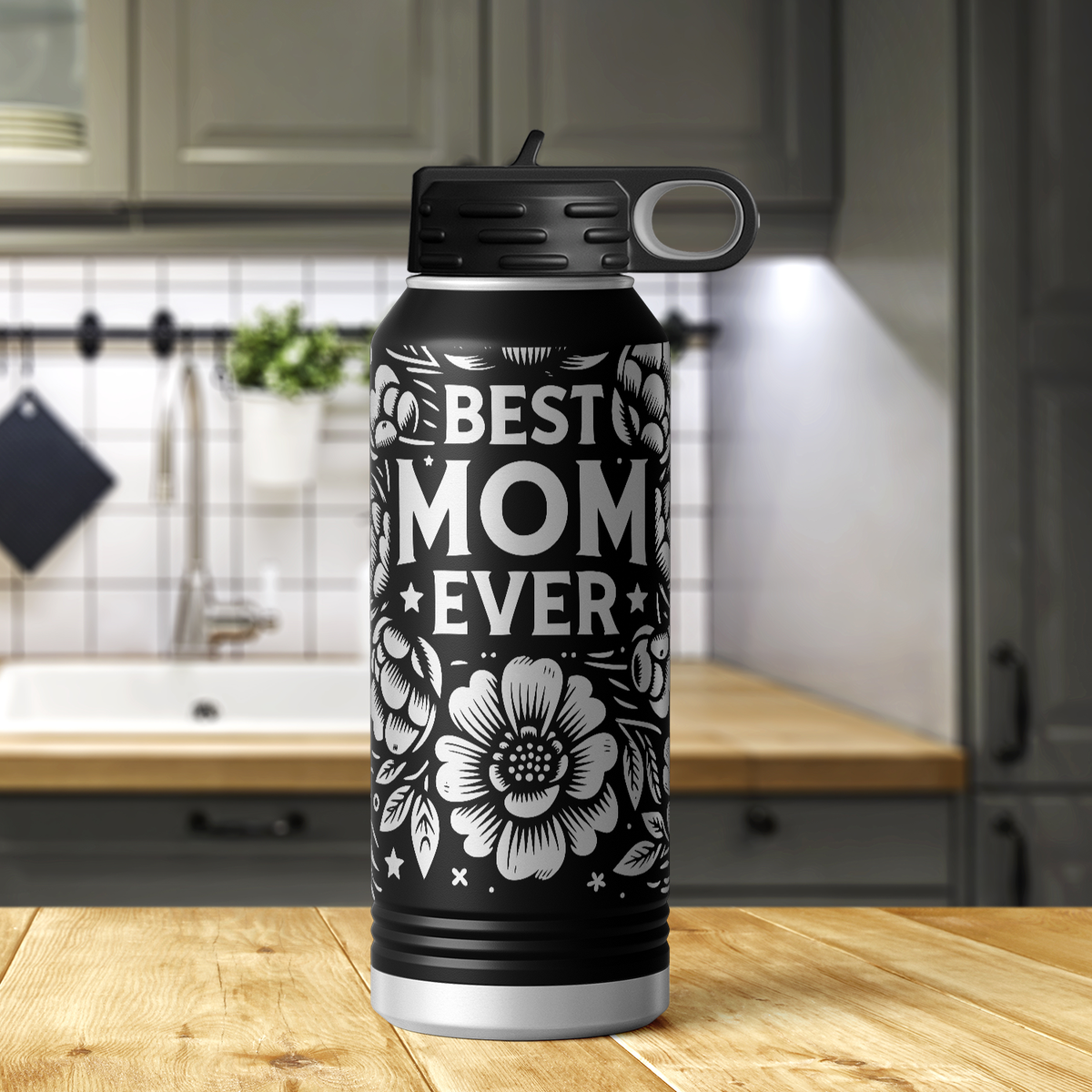 Best Mom Ever with Flowers and Stars 32oz Sport Water Bottle