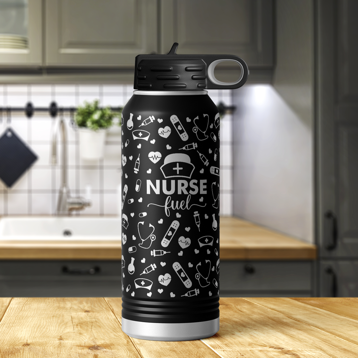 Nurse Fuel with Icons 32oz Sport Water Bottle