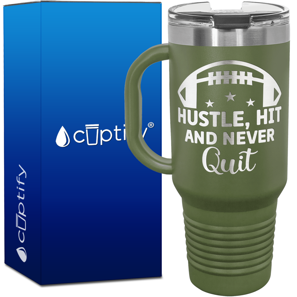 Hustle, Hit, and Never Quit Football 40oz Football Travel Mug