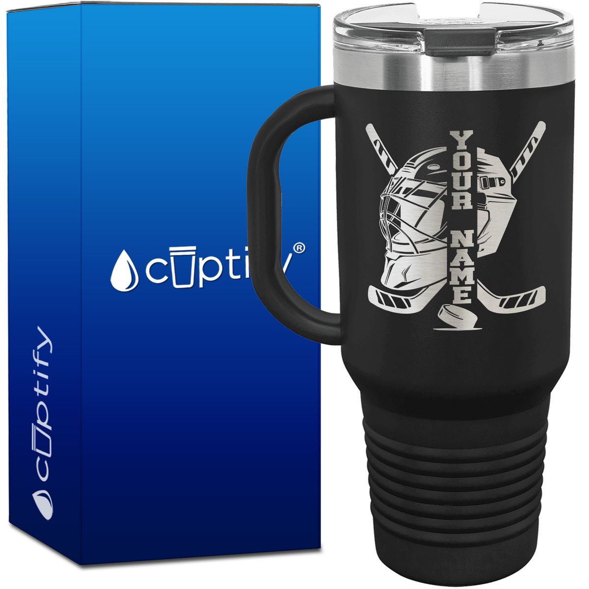Personalized Hockey Goalie Helmet and Sticks 40oz Travel Mug