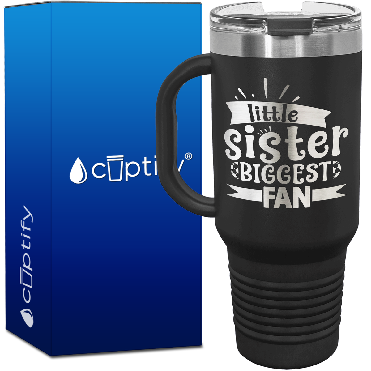 Little Sister Biggest Fan Soccer 40oz Soccer Travel Mug