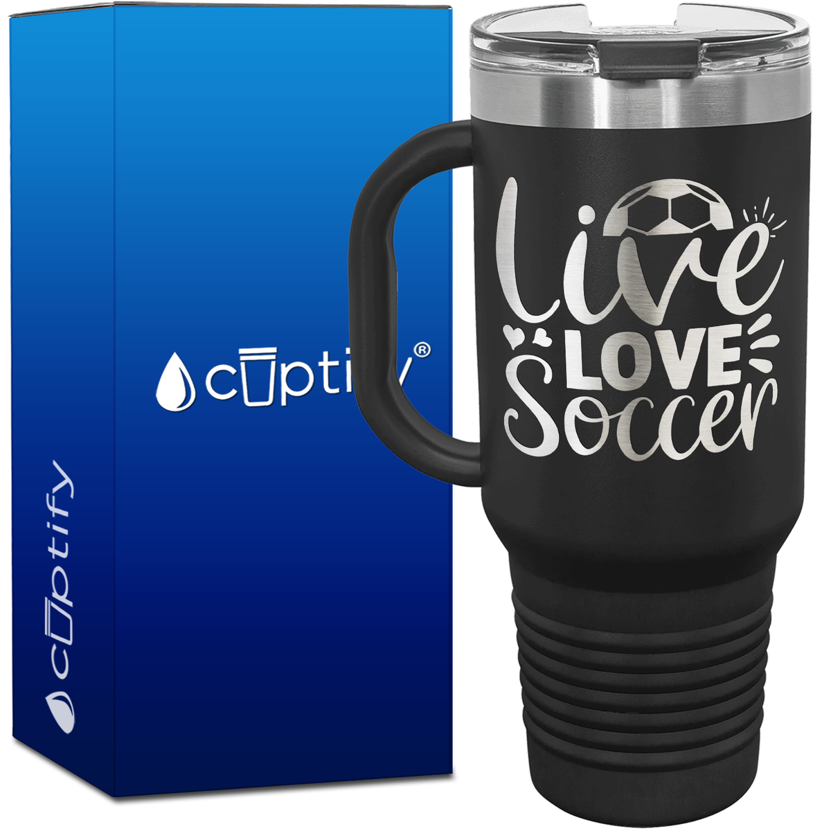Live Love Soccer Hearts and Ball 40oz Soccer Travel Mug