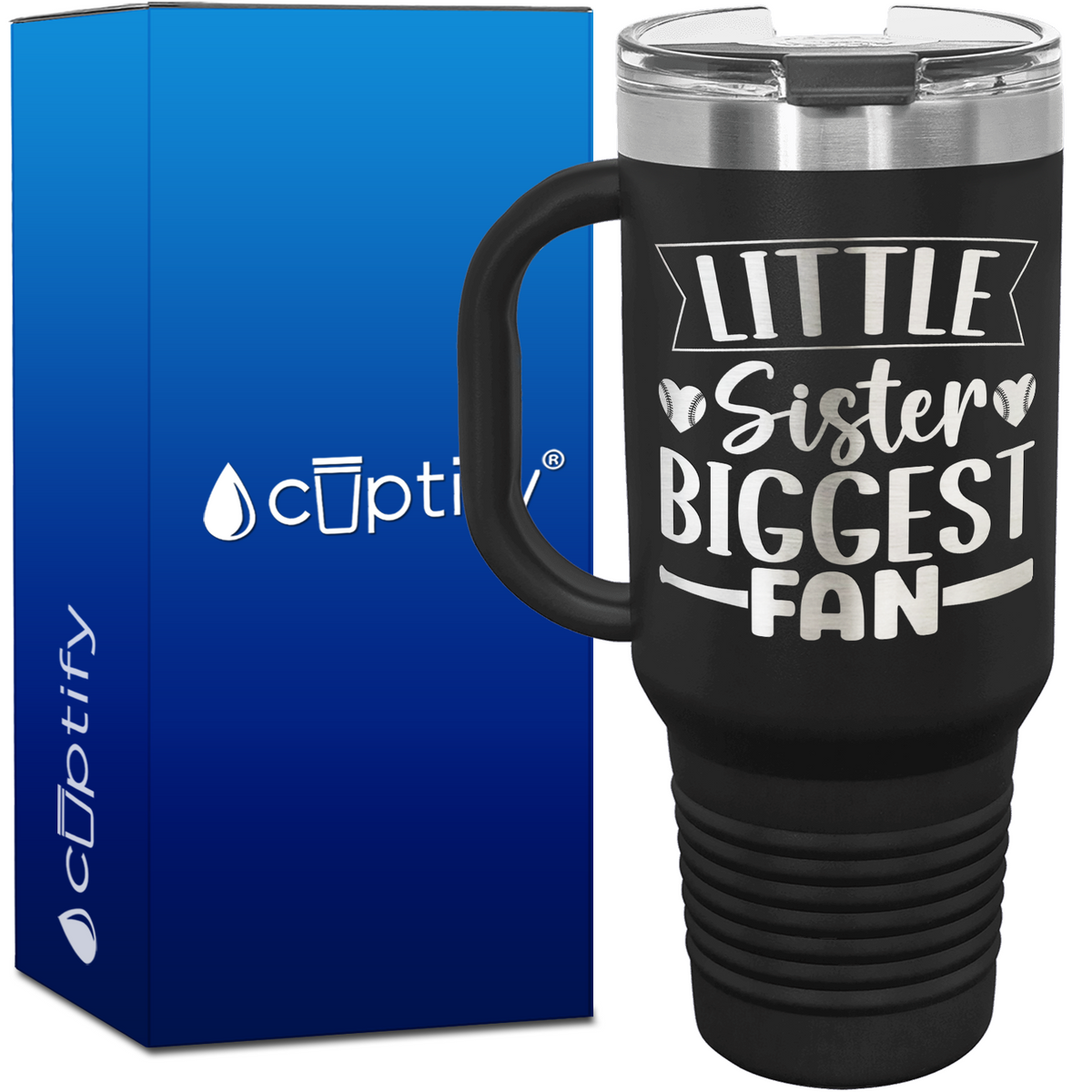 Little Sister Biggest Fan Baseball Hearts 40oz Baseball Travel Mug