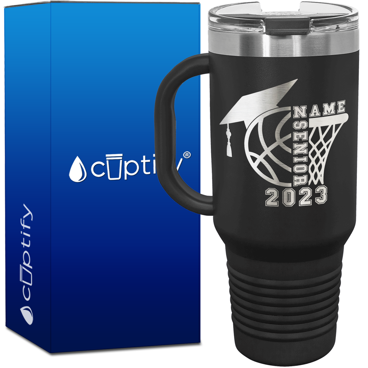 Personalized Basketball Senior with Grad Cap 40oz Basketball Travel Mug