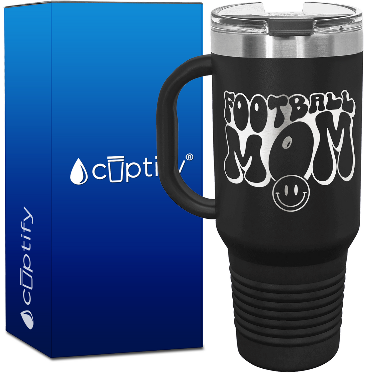 Football Mom Smiley Face 40oz Football Travel Mug
