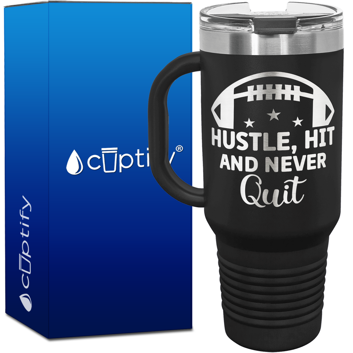 Hustle, Hit, and Never Quit Football 40oz Football Travel Mug