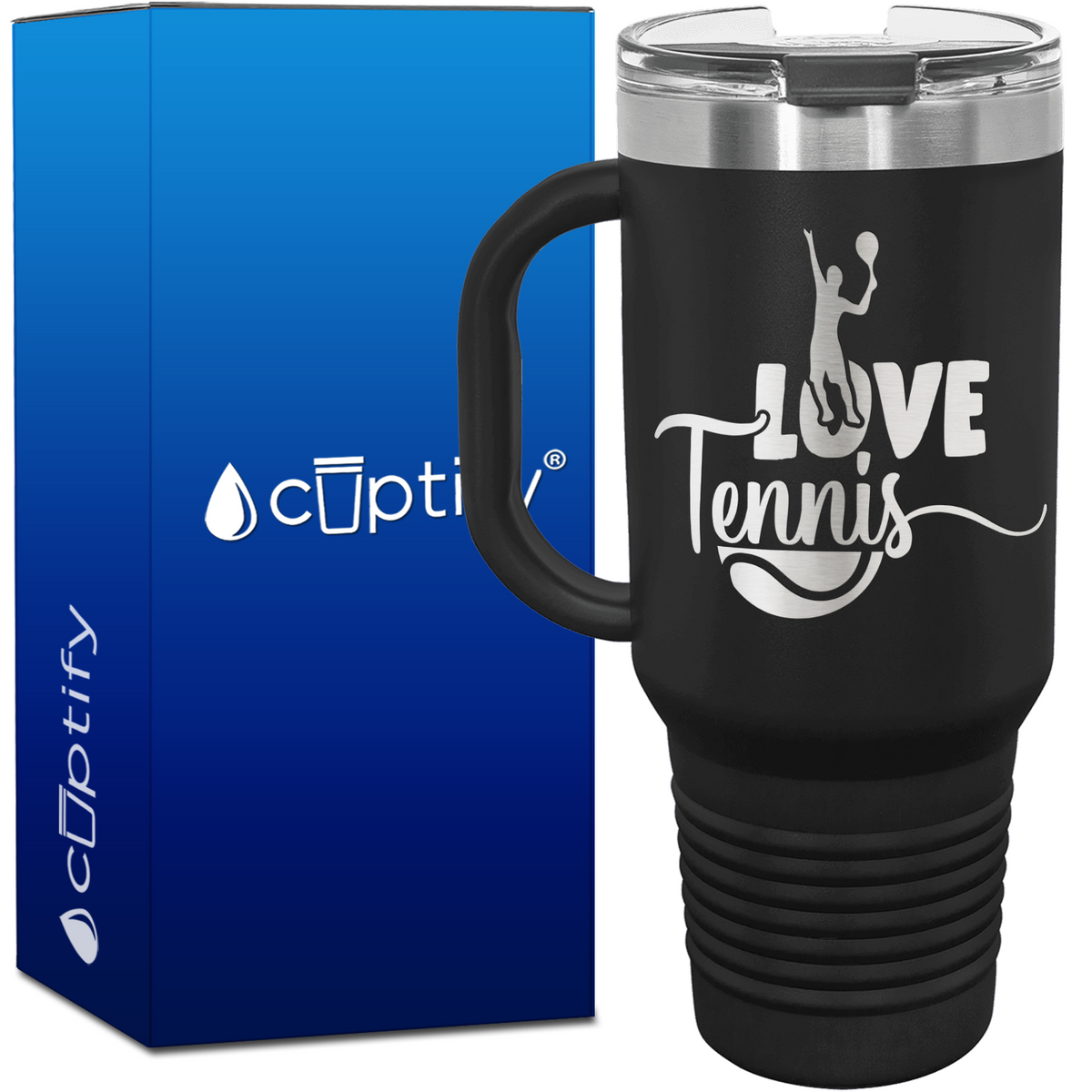 Love Tennis with Player Silhouette 40oz Tennis Travel Mug