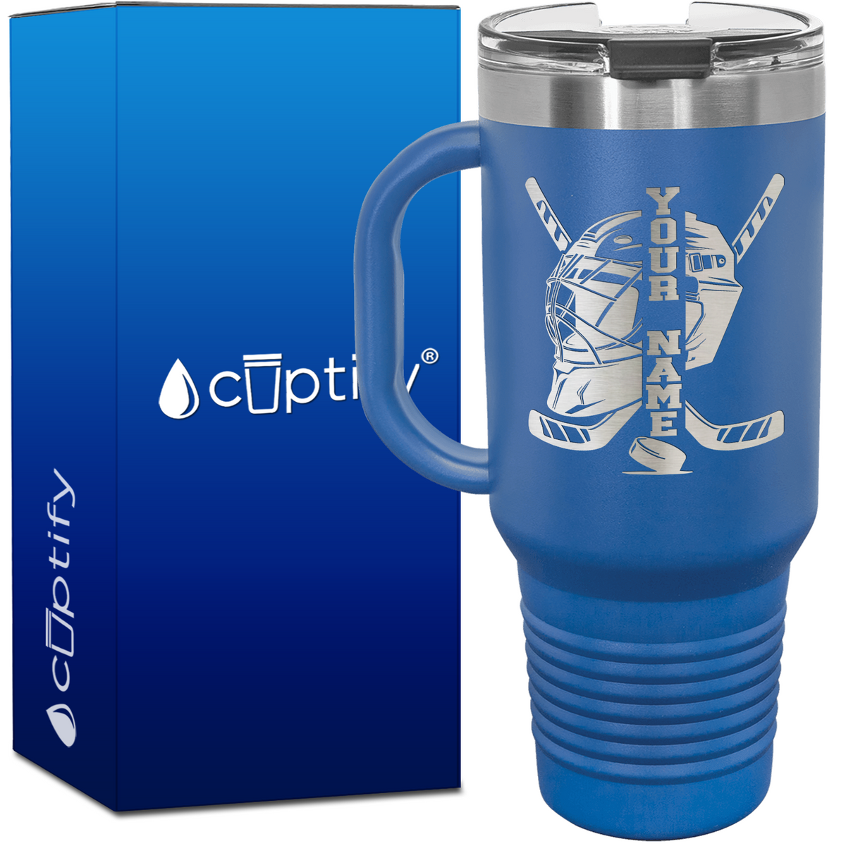 Personalized Hockey Goalie Helmet and Sticks 40oz Travel Mug
