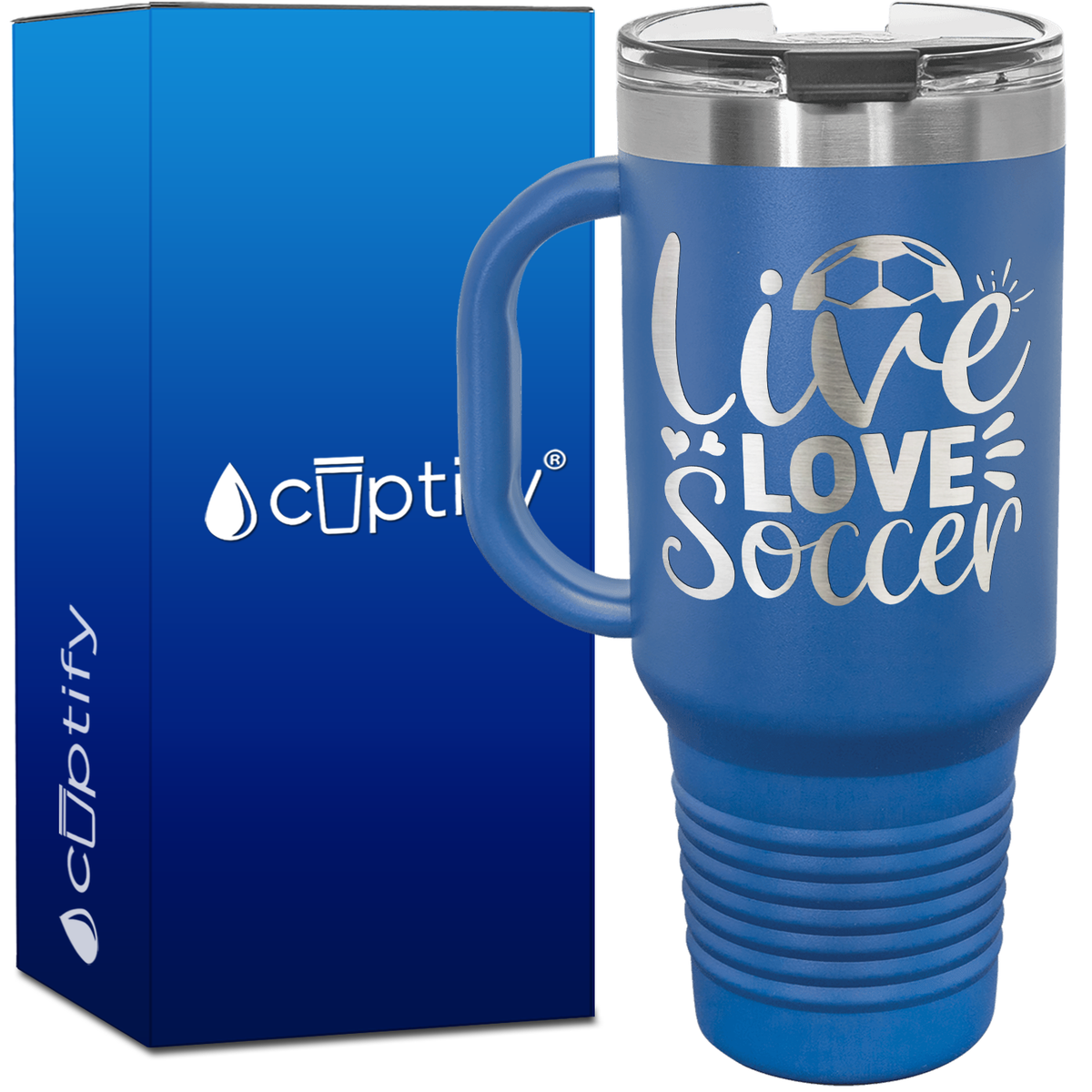 Live Love Soccer Hearts and Ball 40oz Soccer Travel Mug