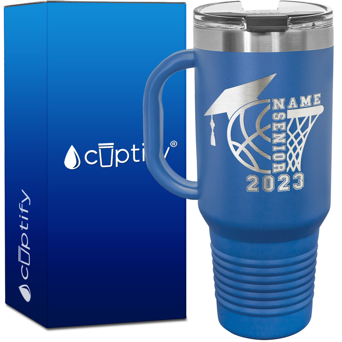 Personalized Basketball Senior with Grad Cap 40oz Basketball Travel Mug